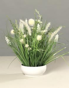 Composition artificielle fleurs de prairie blanches - coupe céramique blanche - H.40cm