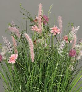 Composition artificielle fleurs de prairie - coupe céramique blanche - H.50cm rose