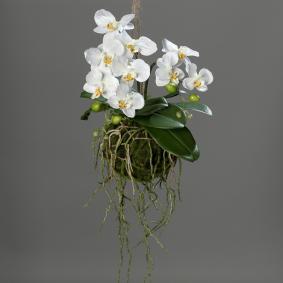 Orchide artificielle boule de terre  suspendre - Feuillage intrieur - H.43cm blanc