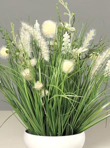 Composition artificielle fleurs de prairie blanches - coupe céramique blanche - H.40cm
