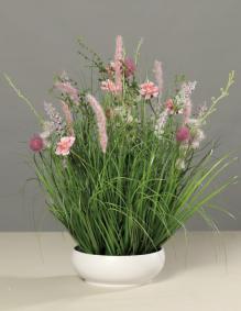 Composition artificielle fleurs de prairie - coupe cramique blanche - H.50cm rose