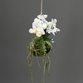 Orchide artificielle boule de terre  suspendre - Feuillage intrieur - H.26cm blanc