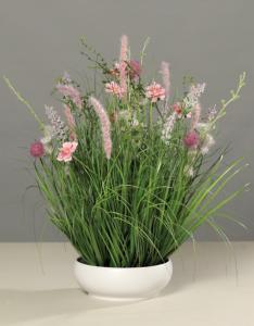 Composition artificielle fleurs de prairie - coupe céramique blanche - H.50cm rose
