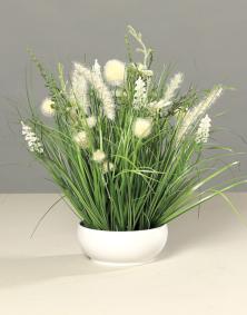 Composition artificielle fleurs de prairie blanches - coupe cramique blanche - H.40cm